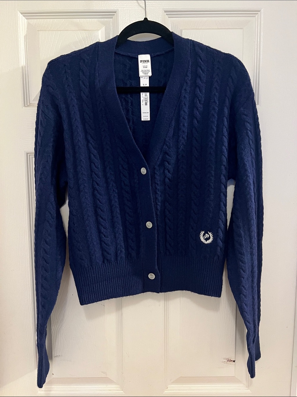 NWT PINK Victoria's Secret Navy Cable-Knit Button Cardigan Sweater, sz Small